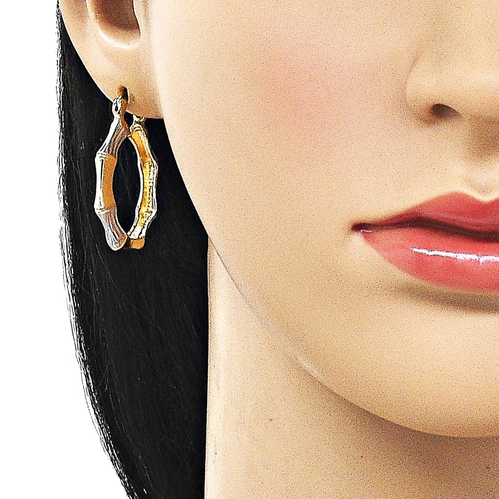 Oro Laminado Medium Hoop, Gold Filled Style Bamboo Design, Diamond Cutting Finish, Tricolor