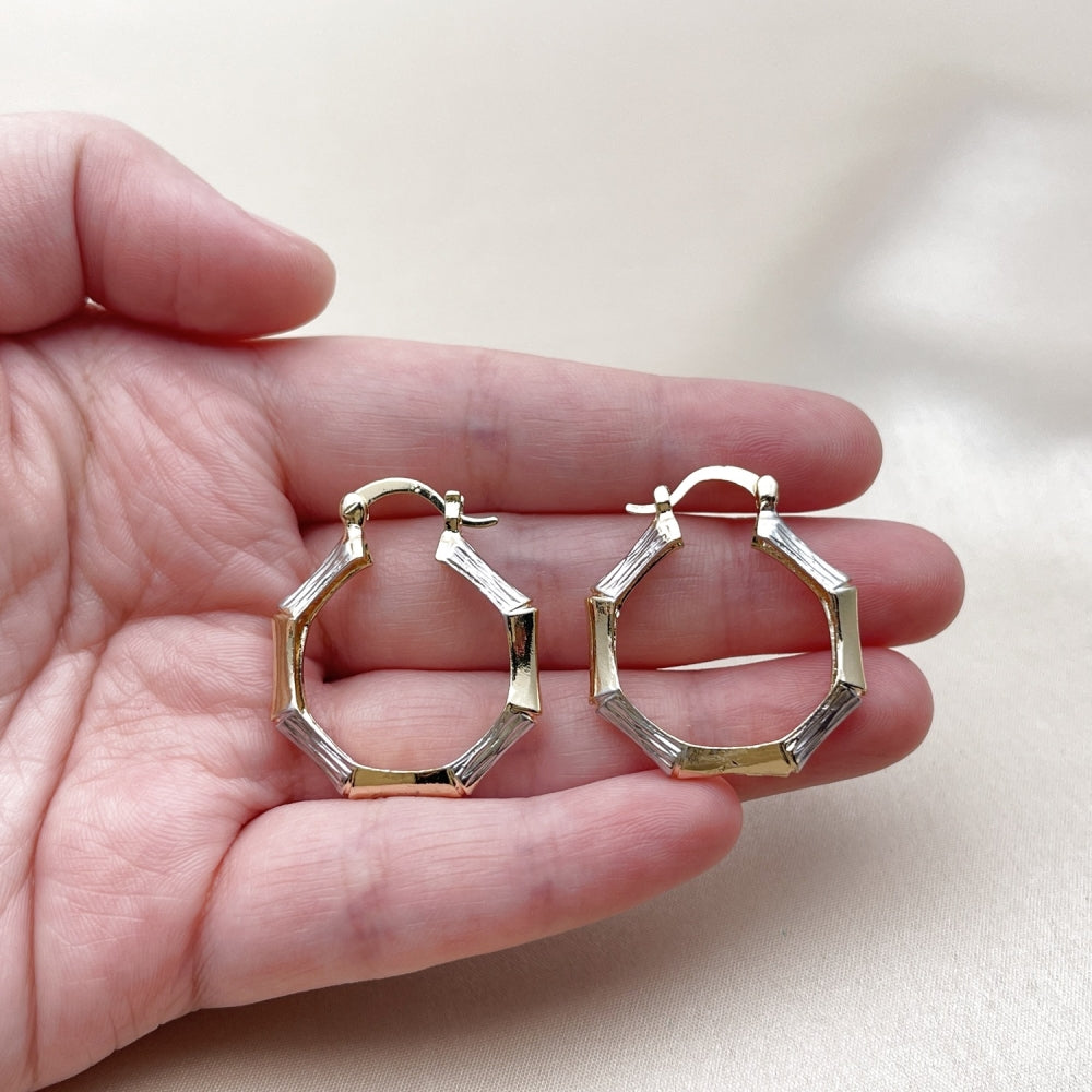 Oro Laminado Medium Hoop, Gold Filled Style Bamboo Design, Diamond Cutting Finish, Tricolor