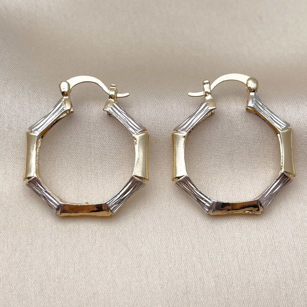 Oro Laminado Medium Hoop, Gold Filled Style Bamboo Design, Diamond Cutting Finish, Tricolor
