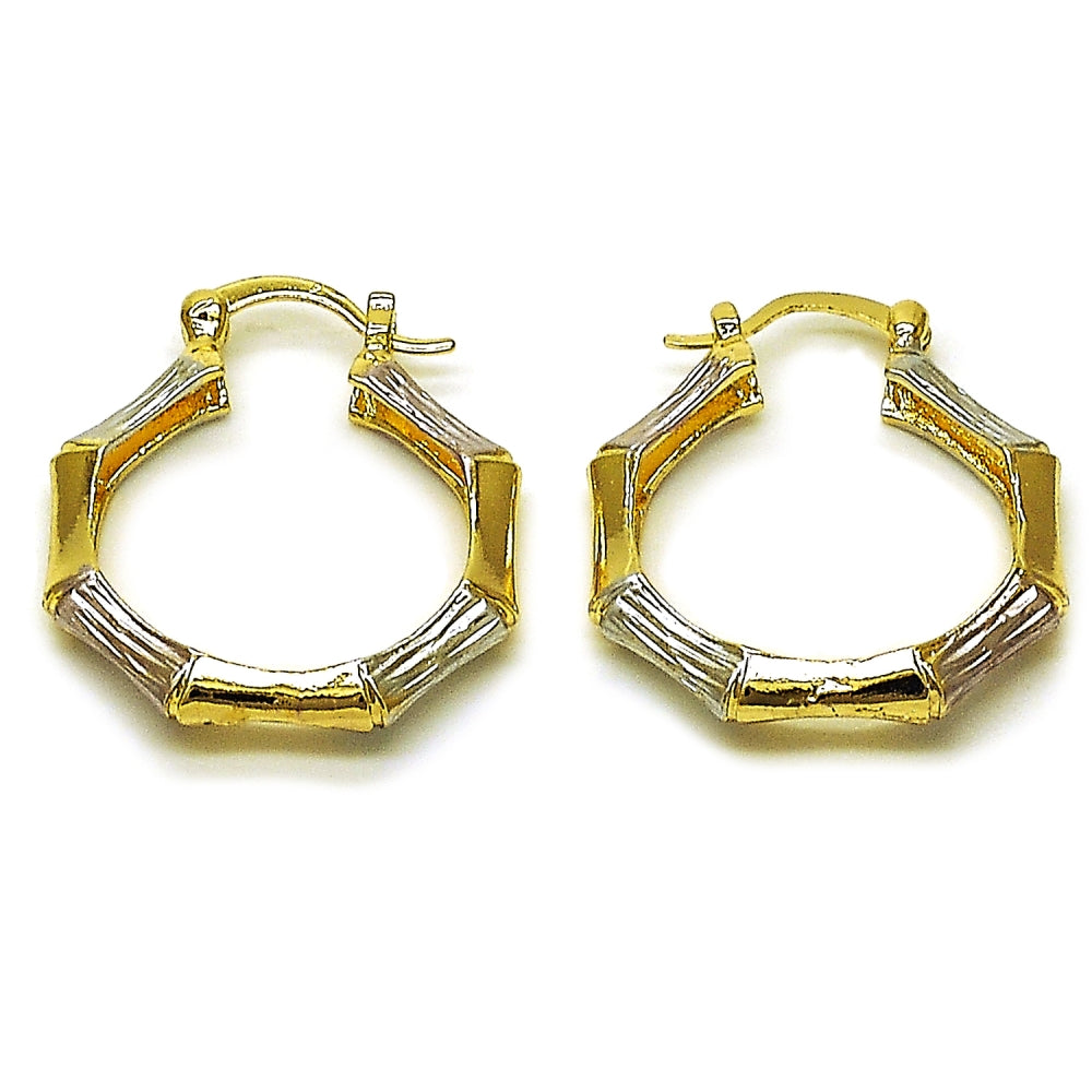 Oro Laminado Medium Hoop, Gold Filled Style Bamboo Design, Diamond Cutting Finish, Tricolor