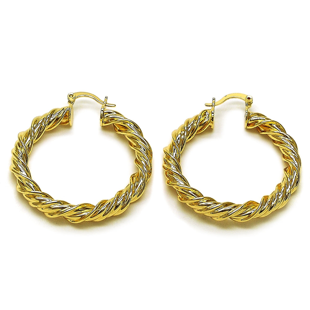 Oro Laminado Medium Hoop, Gold Filled Style Twist and Hollow Design, Polished, Golden Finish