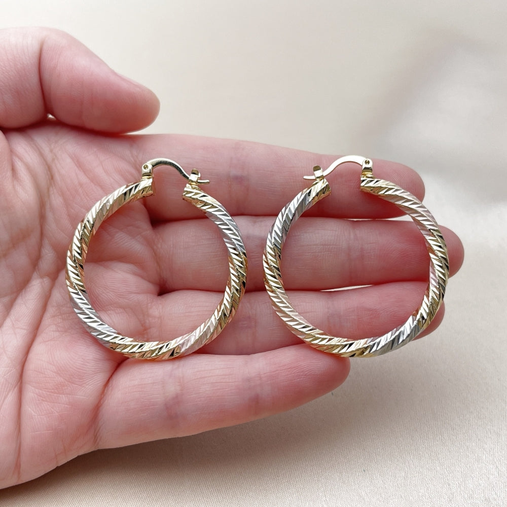Oro Laminado Medium Hoop, Gold Filled Style Twist Design, Diamond Cutting Finish, Tricolor
