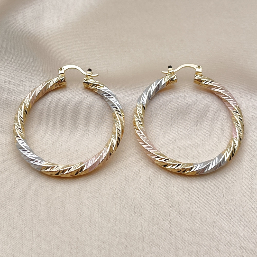 Oro Laminado Medium Hoop, Gold Filled Style Twist Design, Diamond Cutting Finish, Tricolor