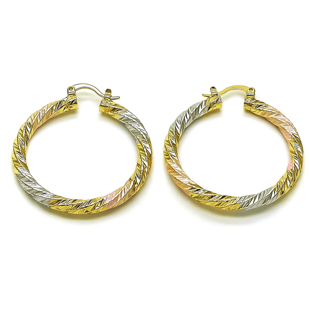 Oro Laminado Medium Hoop, Gold Filled Style Twist Design, Diamond Cutting Finish, Tricolor