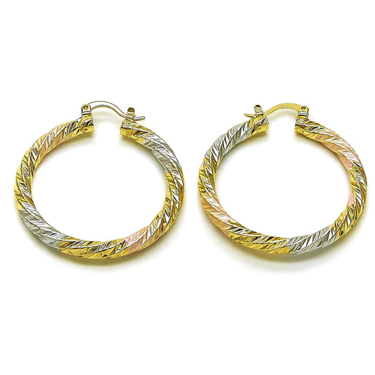 Oro Laminado Medium Hoop, Gold Filled Style Twist Design, Diamond Cutting Finish, Tricolor