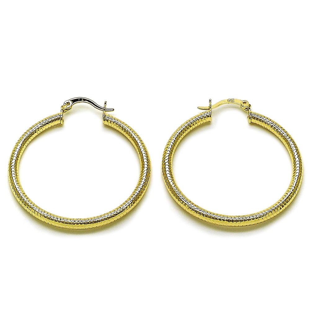 Oro Laminado Medium Hoop, Gold Filled Style Hollow Design, Diamond Cutting Finish, Golden Finish