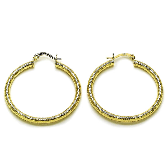 Oro Laminado Medium Hoop, Gold Filled Style Hollow Design, Diamond Cutting Finish, Golden Finish