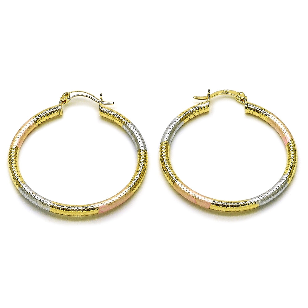 Oro Laminado Medium Hoop, Gold Filled Style Hollow Design, Diamond Cutting Finish, Tricolor