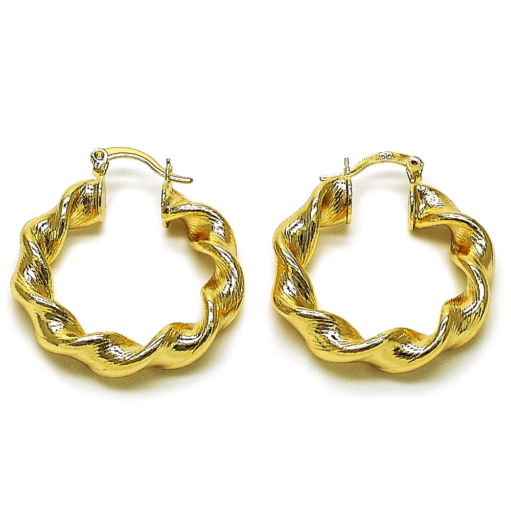 Oro Laminado Medium Hoop, Gold Filled Style Twist and Hollow Design, Diamond Cutting Finish, Golden Finish