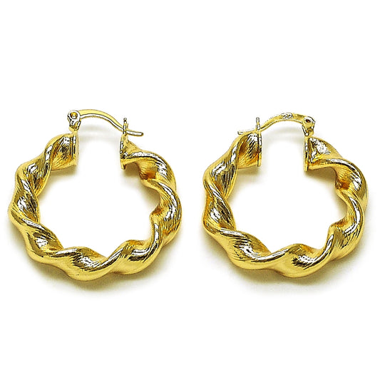 Oro Laminado Medium Hoop, Gold Filled Style Twist and Hollow Design, Diamond Cutting Finish, Golden Finish