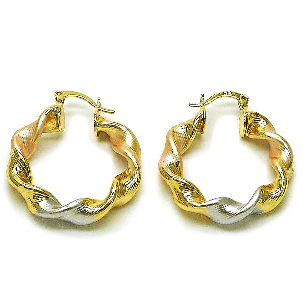 Oro Laminado Medium Hoop, Gold Filled Style Twist and Hollow Design, Diamond Cutting Finish, Tricolor