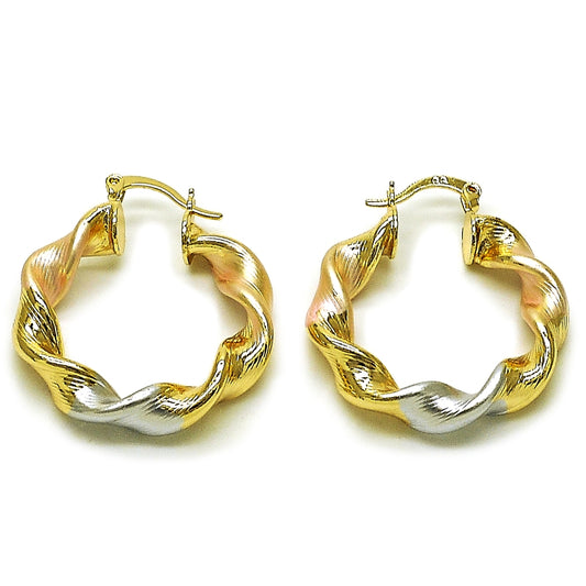Oro Laminado Medium Hoop, Gold Filled Style Twist and Hollow Design, Diamond Cutting Finish, Tricolor