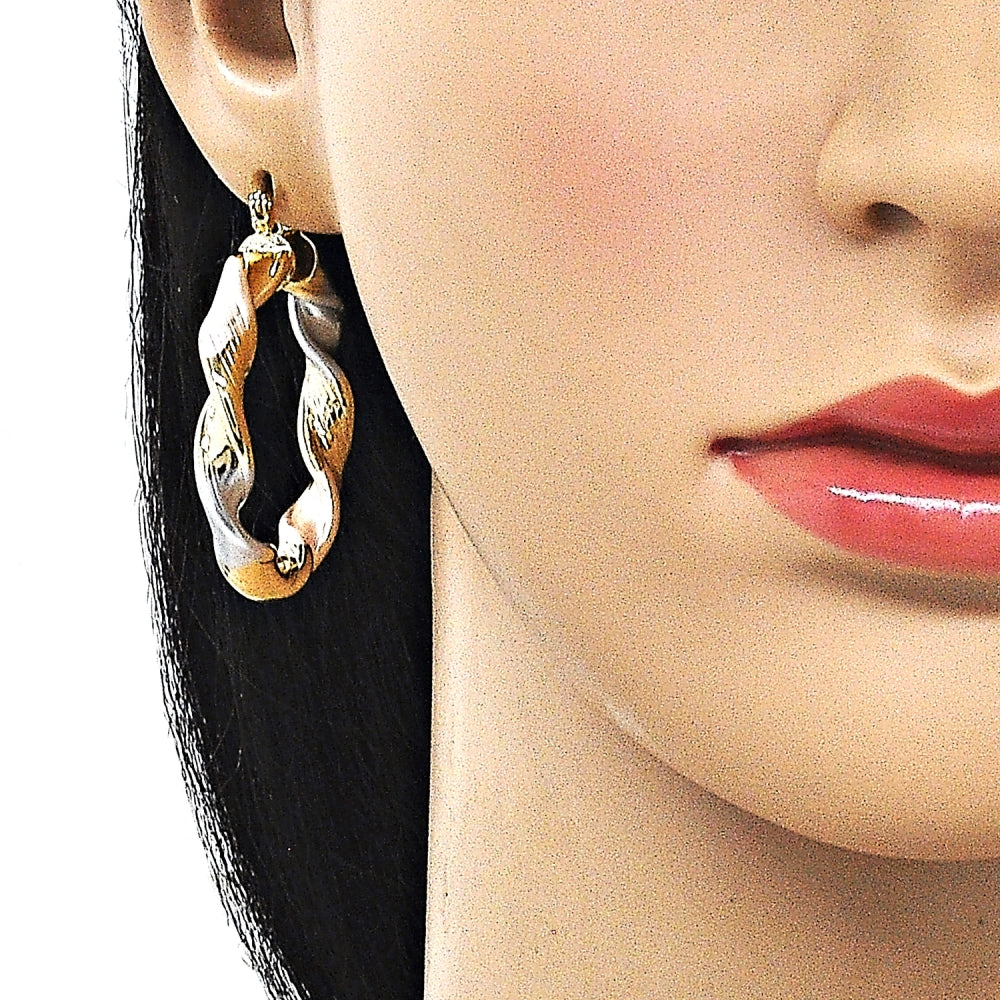 Oro Laminado Medium Hoop, Gold Filled Style Twist and Hollow Design, Diamond Cutting Finish, Tricolor