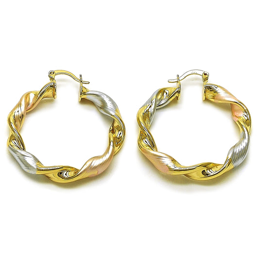 Oro Laminado Medium Hoop, Gold Filled Style Twist and Hollow Design, Diamond Cutting Finish, Tricolor