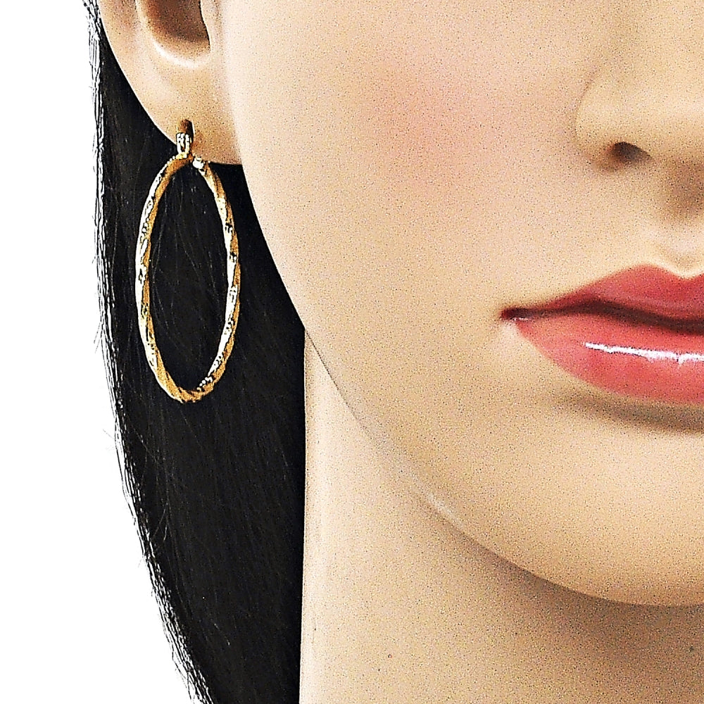 Oro Laminado Medium Hoop, Gold Filled Style Twist Design, Diamond Cutting Finish, Golden Finish