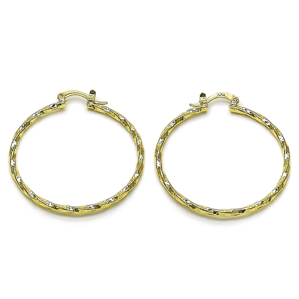 Oro Laminado Medium Hoop, Gold Filled Style Twist Design, Diamond Cutting Finish, Golden Finish