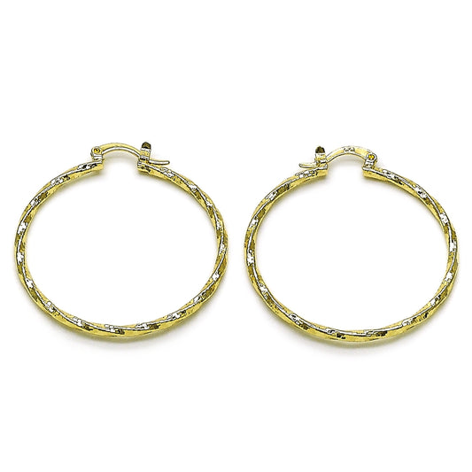 Oro Laminado Medium Hoop, Gold Filled Style Twist Design, Diamond Cutting Finish, Golden Finish