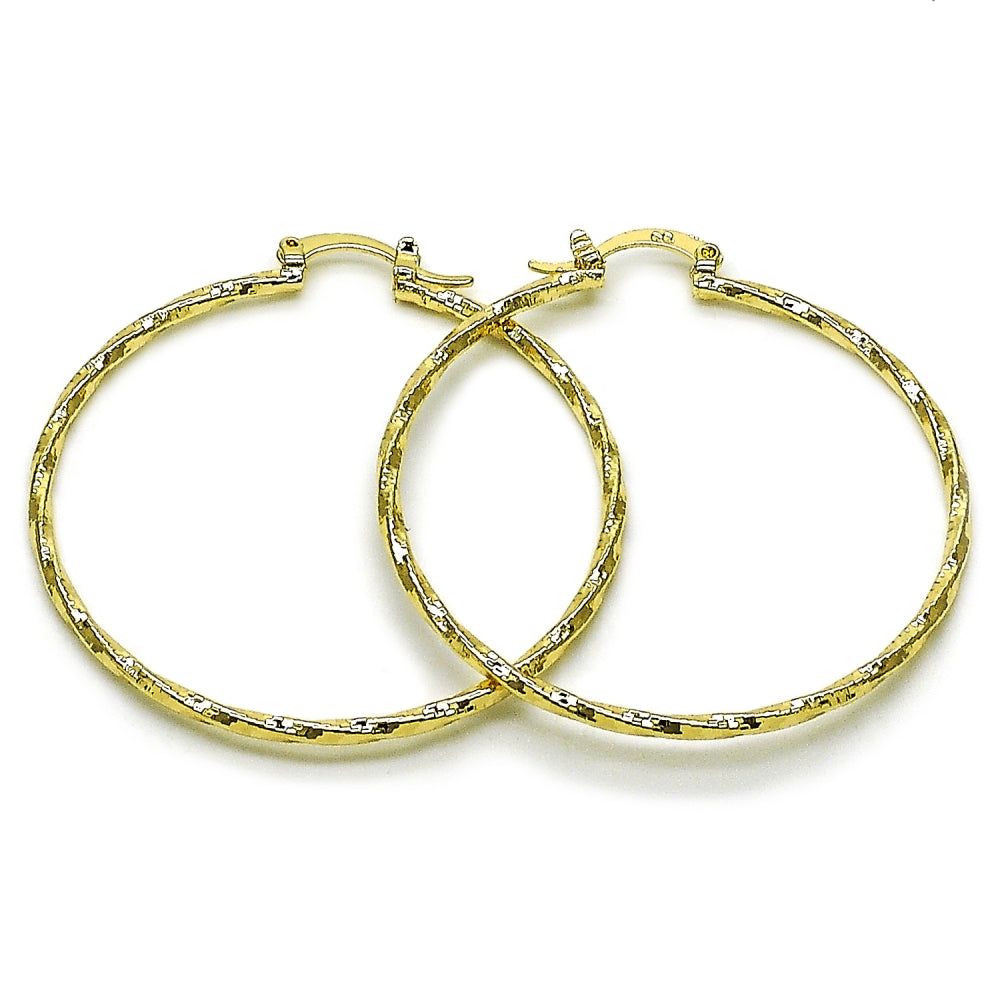 Oro Laminado Large Hoop, Gold Filled Style Twist Design, Diamond Cutting Finish, Golden Finish
