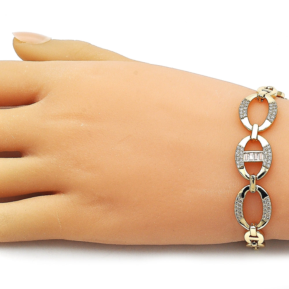 Oro Laminado Fancy Bracelet, Gold Filled Style Puff Mariner and Mariner Design, with White Cubic Zirconia, Polished, Golden Finish