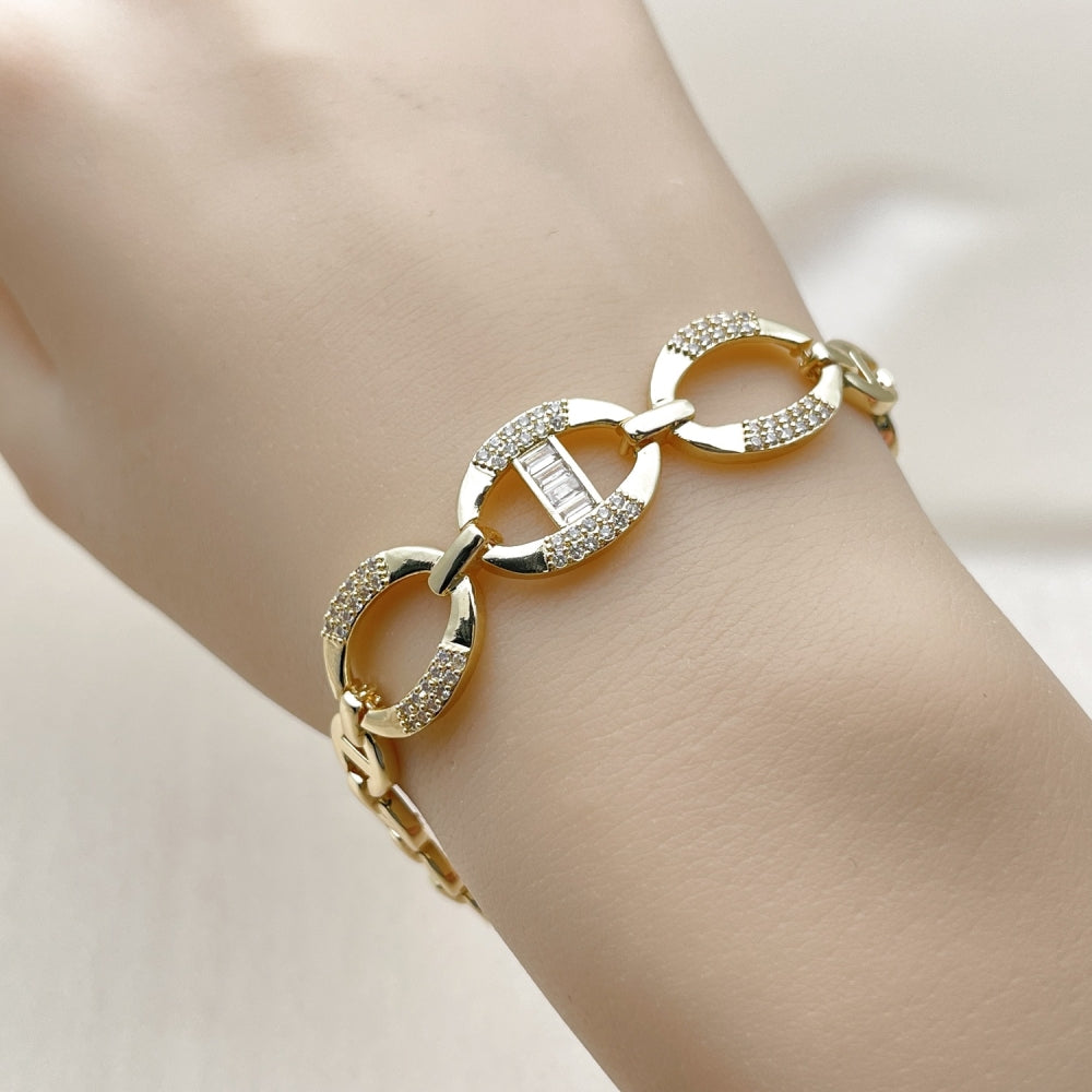 Oro Laminado Fancy Bracelet, Gold Filled Style Puff Mariner and Mariner Design, with White Cubic Zirconia, Polished, Golden Finish