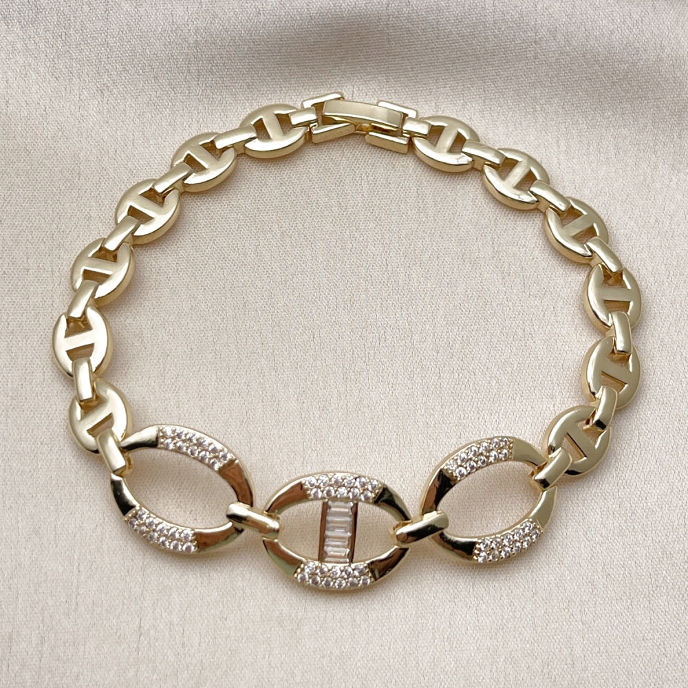Oro Laminado Fancy Bracelet, Gold Filled Style Puff Mariner and Mariner Design, with White Cubic Zirconia, Polished, Golden Finish