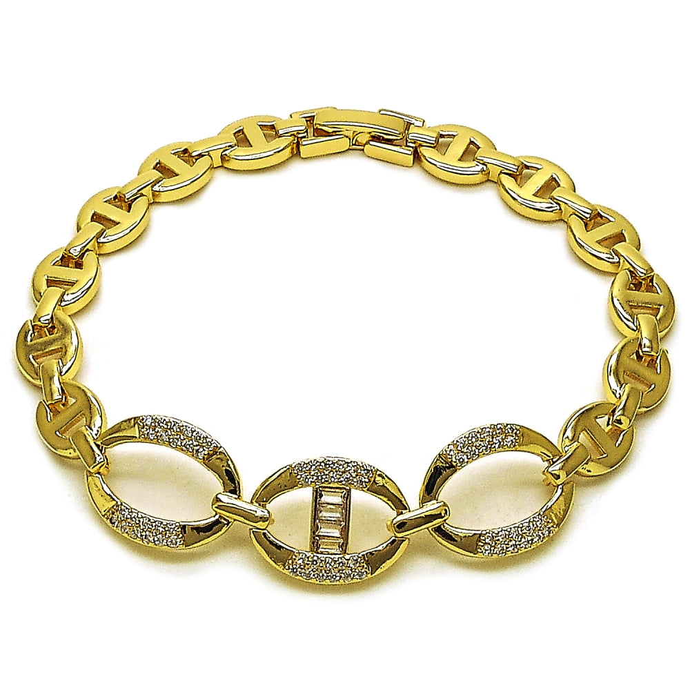 Oro Laminado Fancy Bracelet, Gold Filled Style Puff Mariner and Mariner Design, with White Cubic Zirconia, Polished, Golden Finish