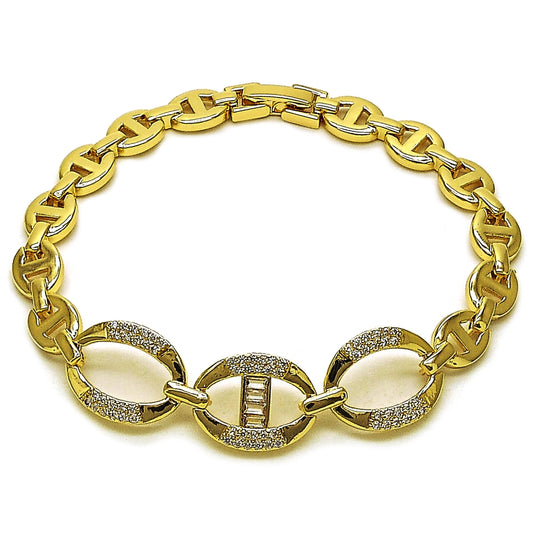 Oro Laminado Fancy Bracelet, Gold Filled Style Puff Mariner and Mariner Design, with White Cubic Zirconia, Polished, Golden Finish