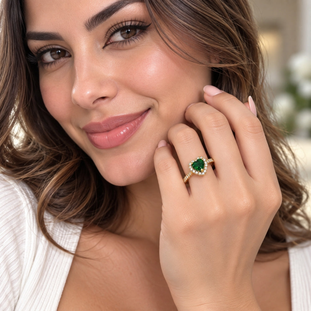Oro Laminado Wedding Ring, Gold Filled Style Heart and Cluster Design, with Green and White Cubic Zirconia, Polished, Golden Finish
