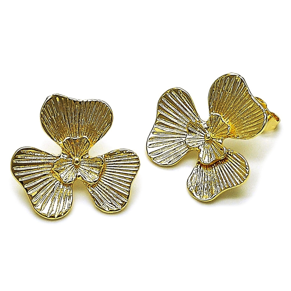 Oro Laminado Stud Earring, Gold Filled Style Flower Design, Diamond Cutting Finish, Golden Finish
