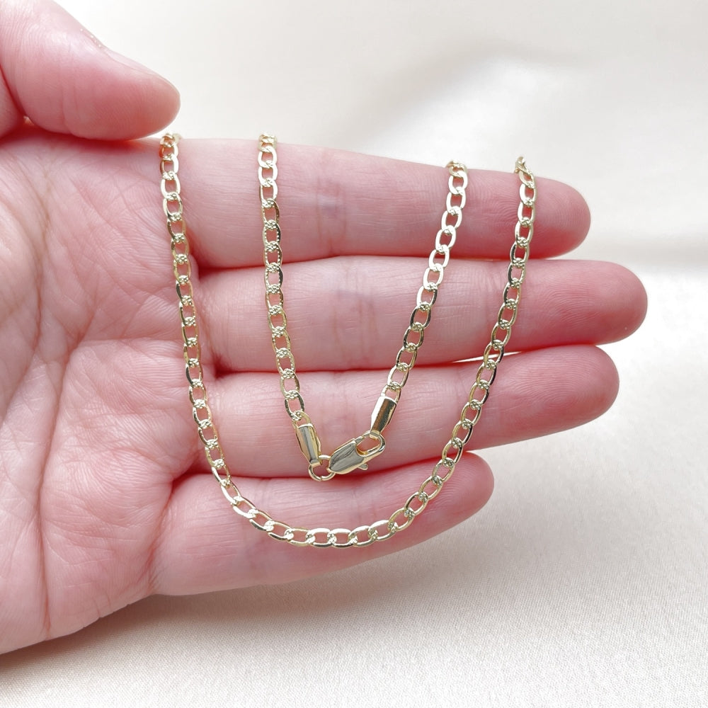 Oro Laminado Basic Necklace, Gold Filled Style Curb and Pave Cuban Design, Diamond Cutting Finish, Golden Finish