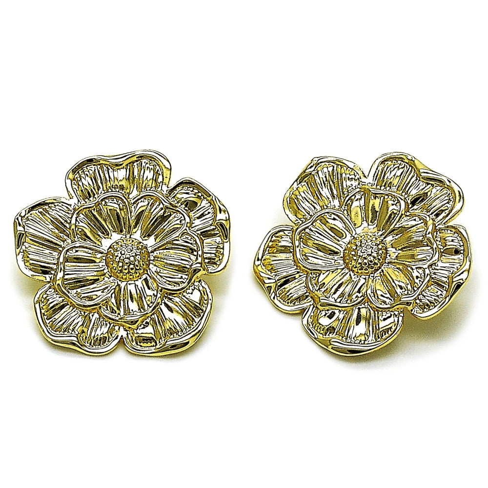 Oro Laminado Stud Earring, Gold Filled Style Flower Design, Diamond Cutting Finish, Golden Finish