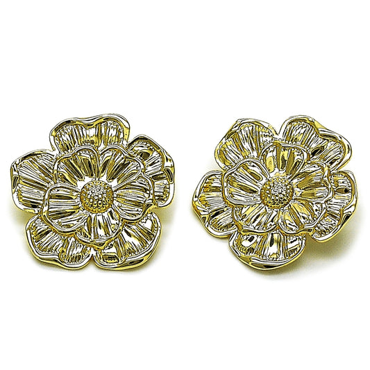 Oro Laminado Stud Earring, Gold Filled Style Flower Design, Diamond Cutting Finish, Golden Finish