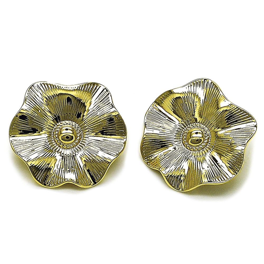 Oro Laminado Stud Earring, Gold Filled Style Leaf and Flower Design, Diamond Cutting Finish, Golden Finish