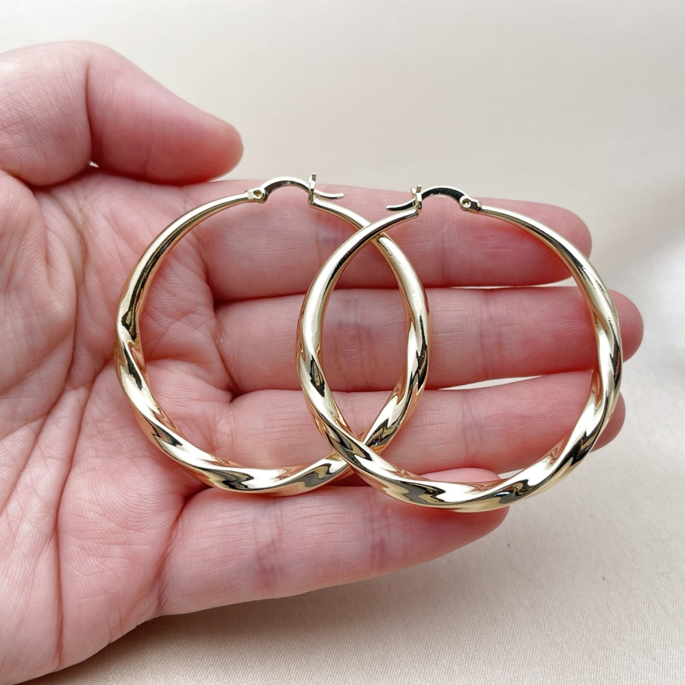 Oro Laminado Large Hoop, Gold Filled Style Hollow and Twist Design, Polished, Golden Finish