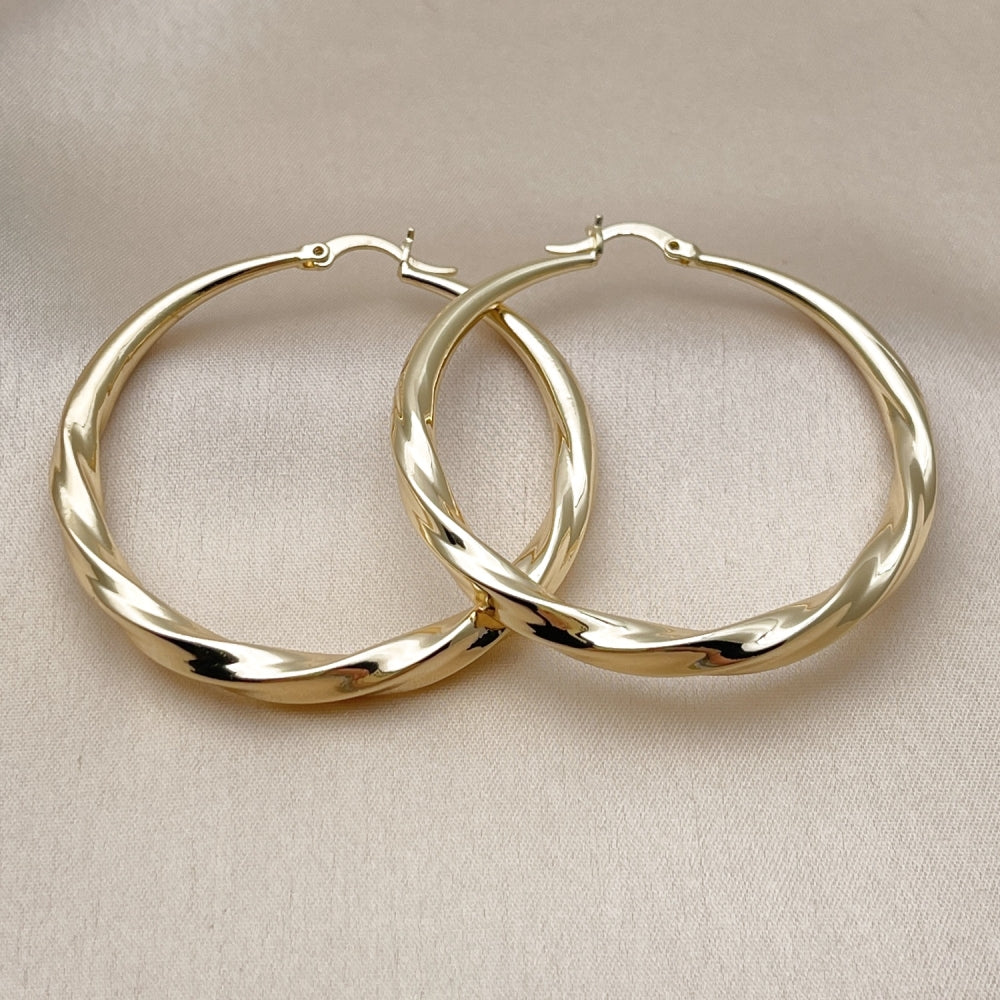Oro Laminado Large Hoop, Gold Filled Style Hollow and Twist Design, Polished, Golden Finish