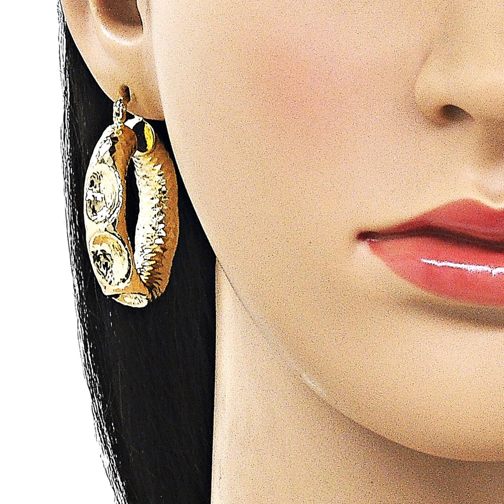 Oro Laminado Medium Hoop, Gold Filled Style Hollow Design, Diamond Cutting Finish, Golden Finish