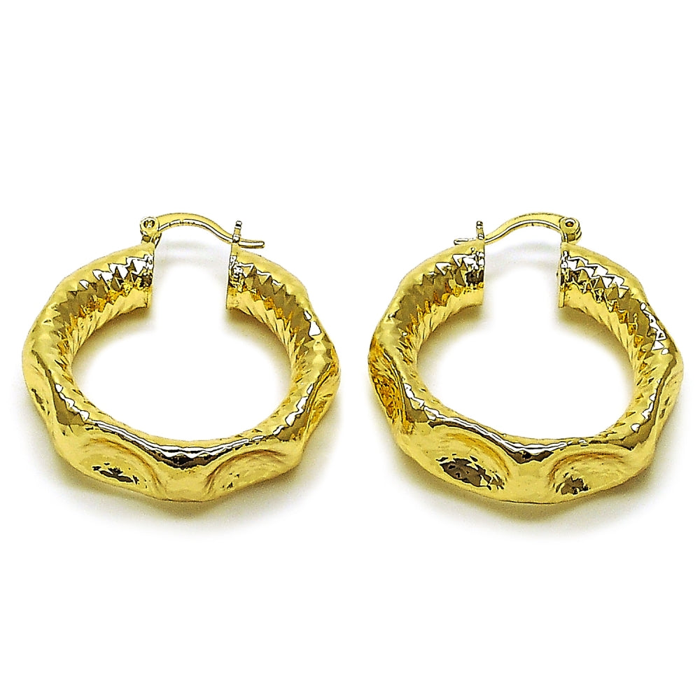Oro Laminado Medium Hoop, Gold Filled Style Hollow Design, Diamond Cutting Finish, Golden Finish