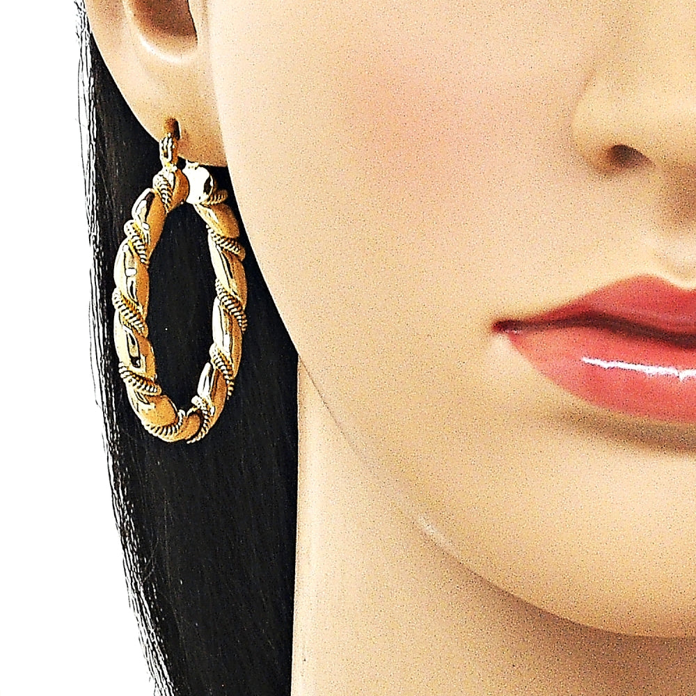Oro Laminado Medium Hoop, Gold Filled Style Hollow and Twist Design, Polished, Golden Finish