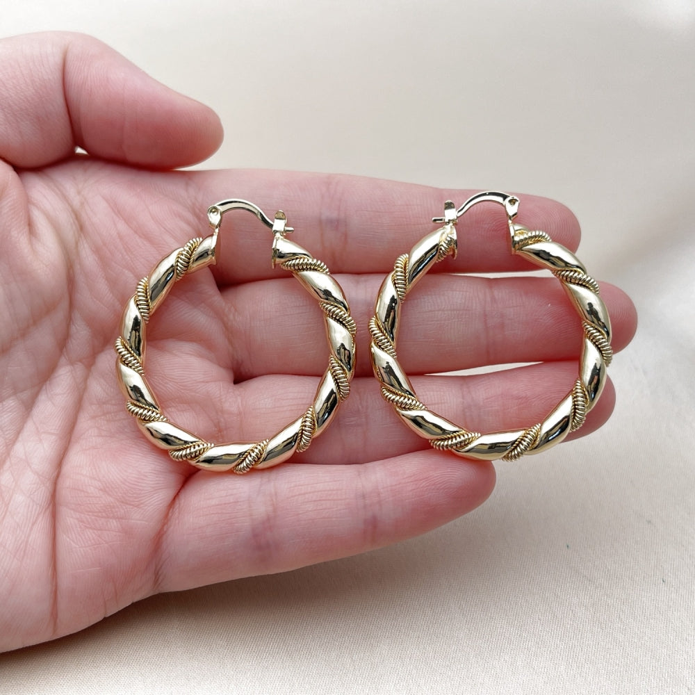 Oro Laminado Medium Hoop, Gold Filled Style Hollow and Twist Design, Polished, Golden Finish
