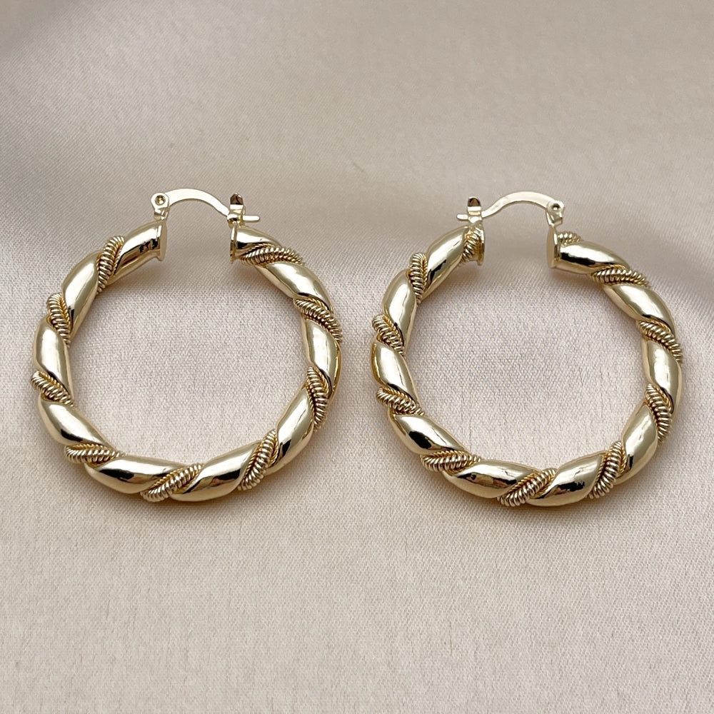 Oro Laminado Medium Hoop, Gold Filled Style Hollow and Twist Design, Polished, Golden Finish