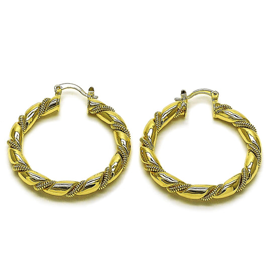 Oro Laminado Medium Hoop, Gold Filled Style Hollow and Twist Design, Polished, Golden Finish