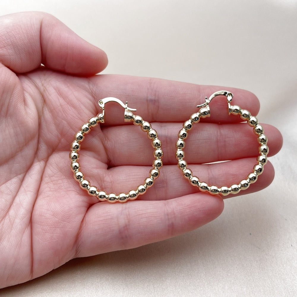 Oro Laminado Small Hoop, Gold Filled Style Hollow and Ball Design, Polished, Golden Finish