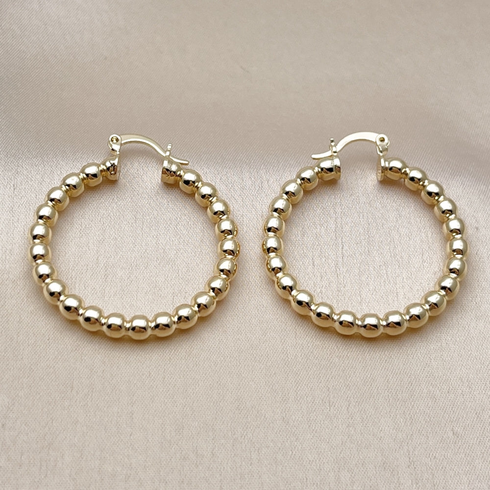 Oro Laminado Small Hoop, Gold Filled Style Hollow and Ball Design, Polished, Golden Finish