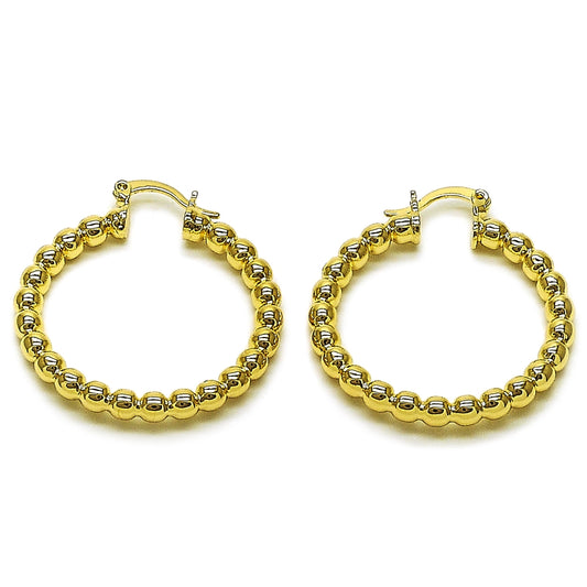 Oro Laminado Small Hoop, Gold Filled Style Hollow and Ball Design, Polished, Golden Finish