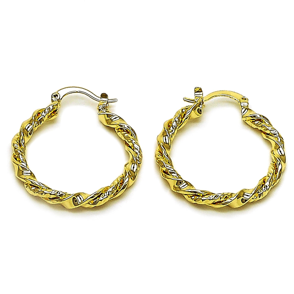 Oro Laminado Medium Hoop, Gold Filled Style Twist Design, Polished, Golden Finish