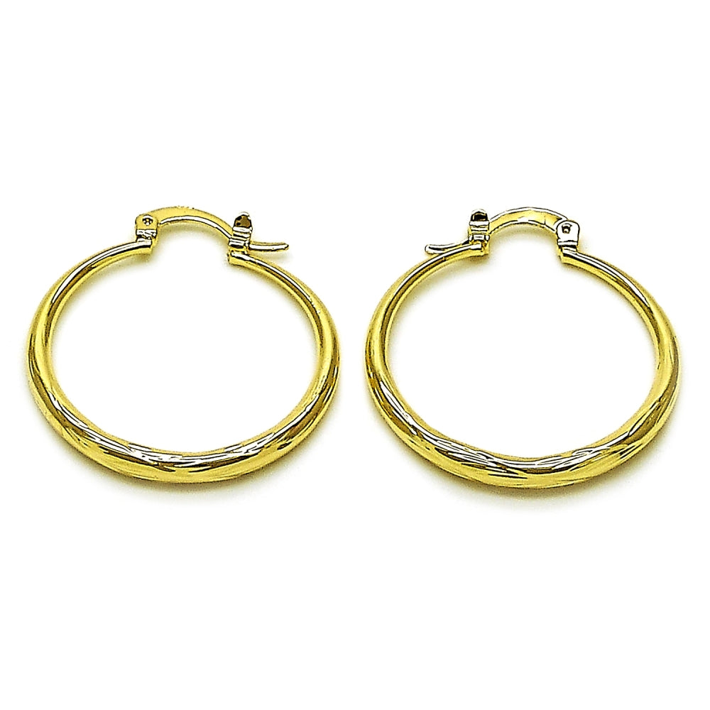 Oro Laminado Medium Hoop, Gold Filled Style Hollow Design, Diamond Cutting Finish, Golden Finish