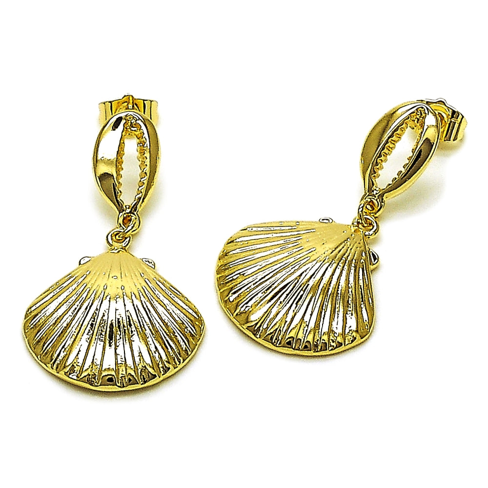 Oro Laminado Dangle Earring, Gold Filled Style Shell Design, Polished, Golden Finish