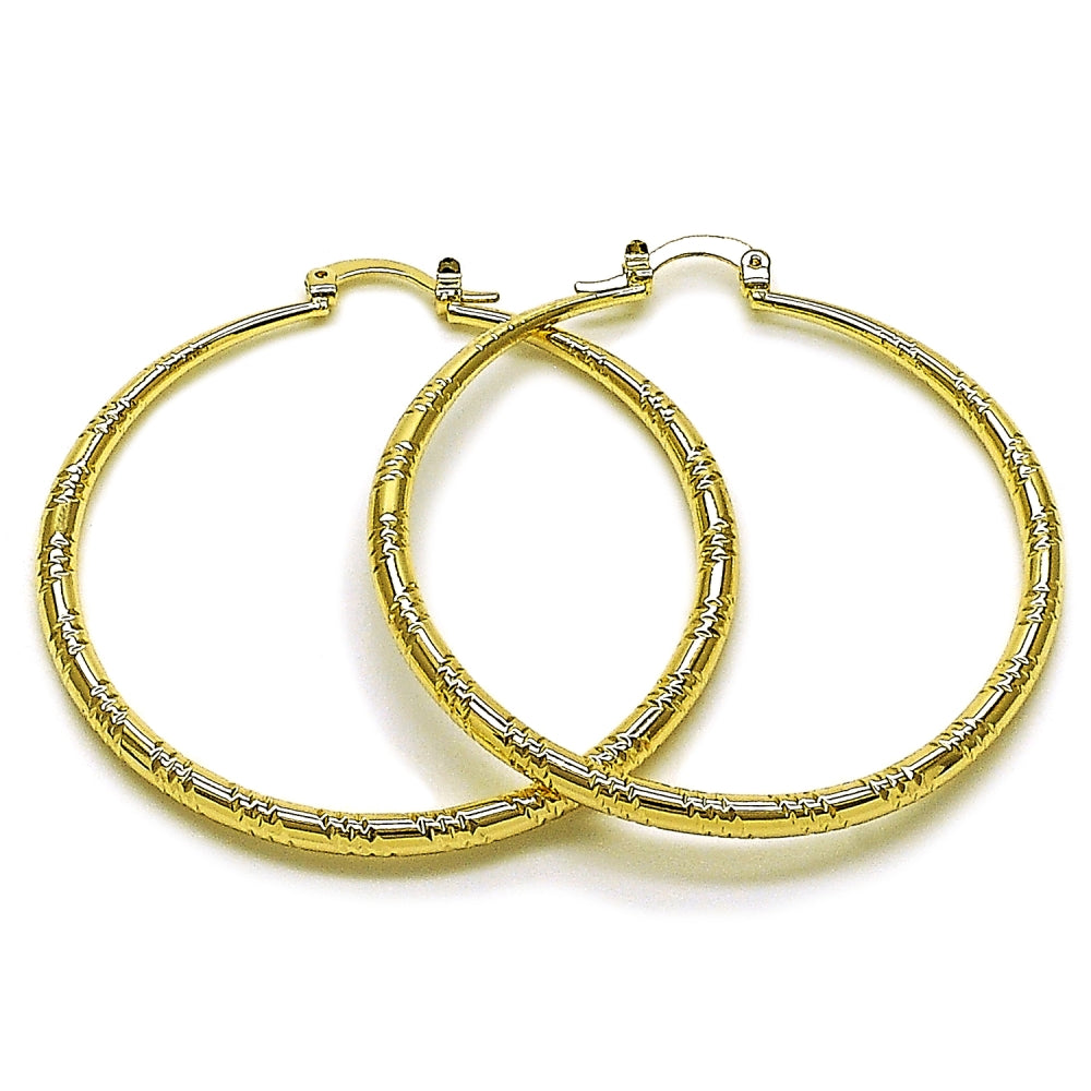 Oro Laminado Large Hoop, Gold Filled Style Hollow Design, Diamond Cutting Finish, Golden Finish