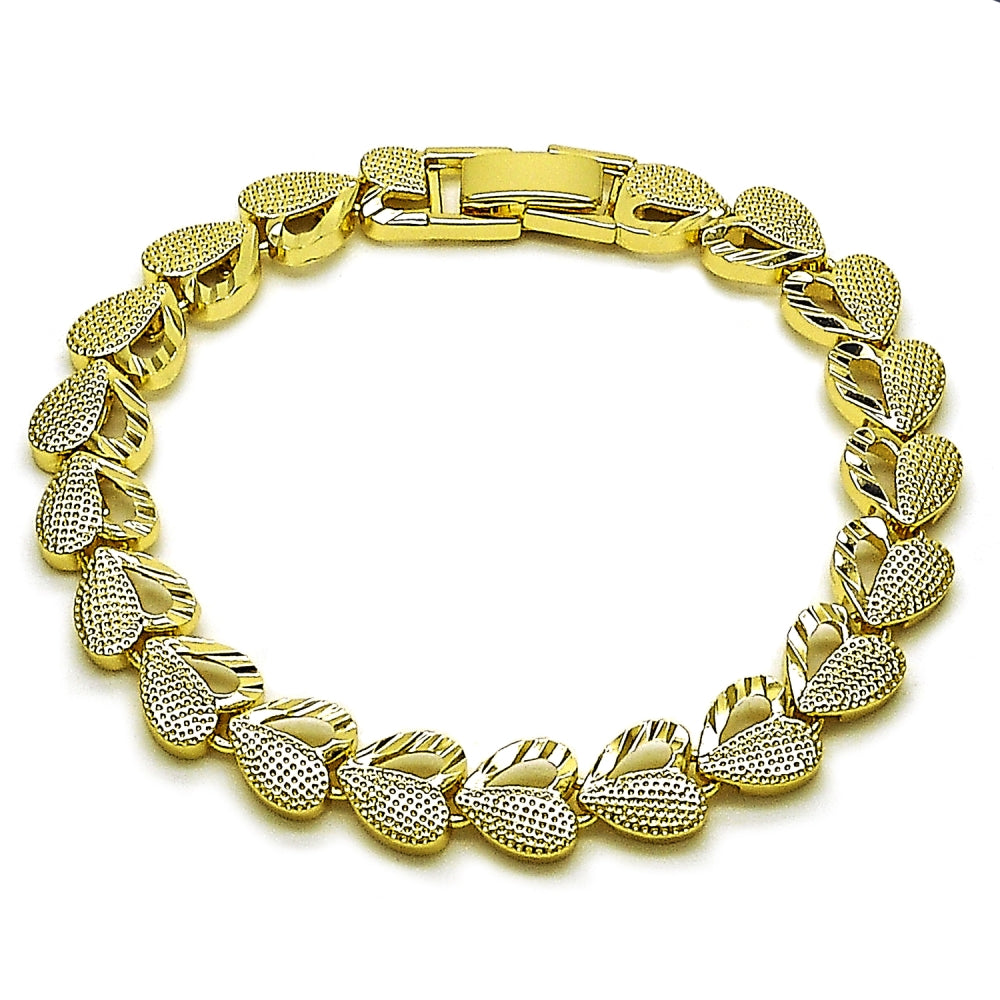 Oro Laminado Solid Bracelet, Gold Filled Style Heart Design, Diamond Cutting Finish, Golden Finish
