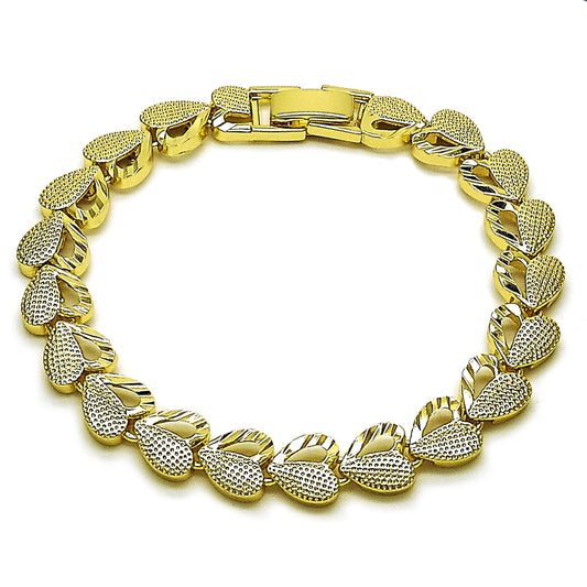 Oro Laminado Solid Bracelet, Gold Filled Style Heart Design, Diamond Cutting Finish, Golden Finish
